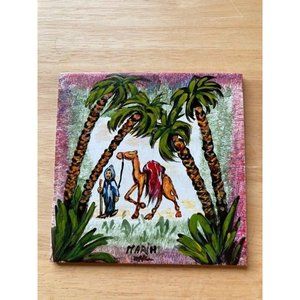 Hand painted art tile Palm trees with Camel- signed by artist.